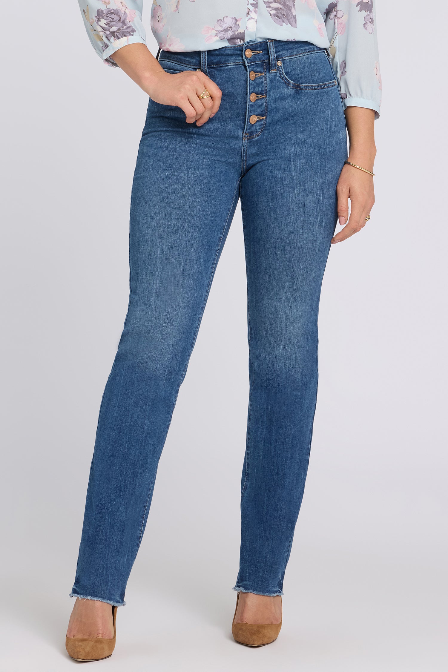 NYDJ Marilyn Straight Jeans In Petite In Sure Stretch® Denim With High Rise And Frayed Hems - Wild River