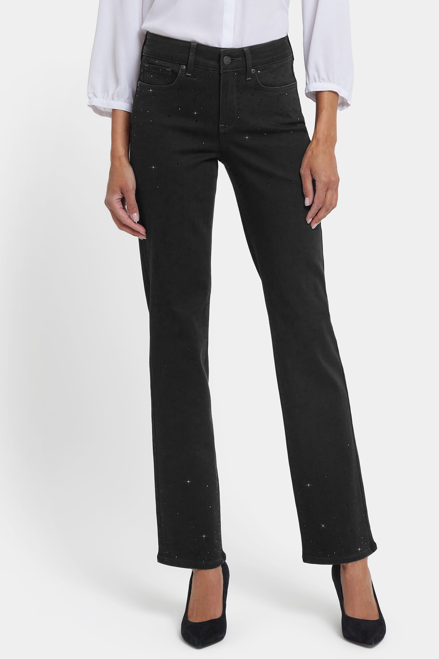 NYDJ Marilyn Straight Jeans In Petite In Sure Stretch® Denim With Scattered Stones - Black Rinse