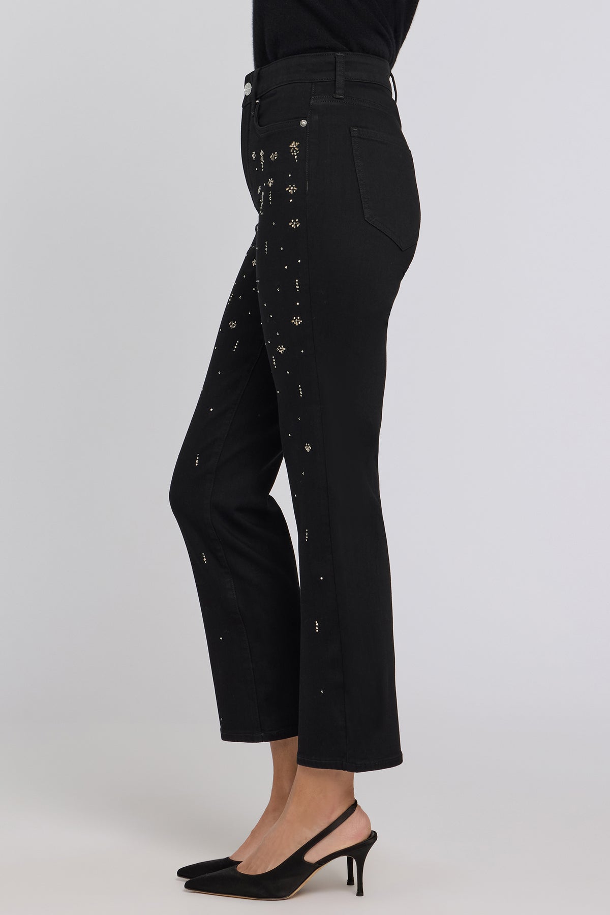 NYDJ Marilyn Straight Jeans In Petite In Sure Stretch® Denim With High Rise, Rhinestones And 29" Inseam - Black Rinse