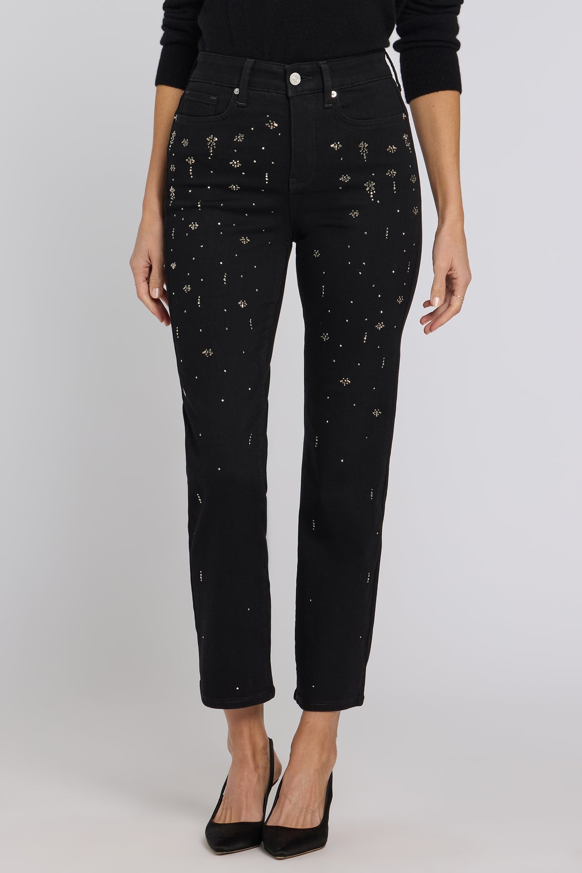 NYDJ Marilyn Straight Jeans In Petite In Sure Stretch® Denim With High Rise, Rhinestones And 29" Inseam - Black Rinse