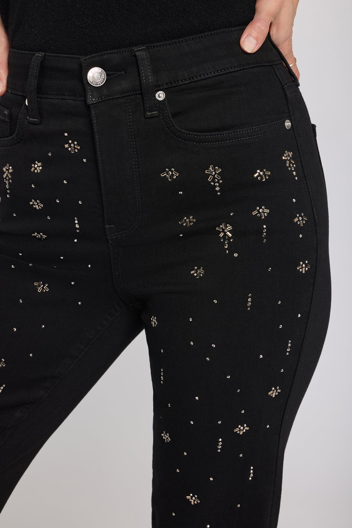 NYDJ Marilyn Straight Jeans In Petite In Sure Stretch® Denim With High Rise, Rhinestones And 29" Inseam - Black Rinse