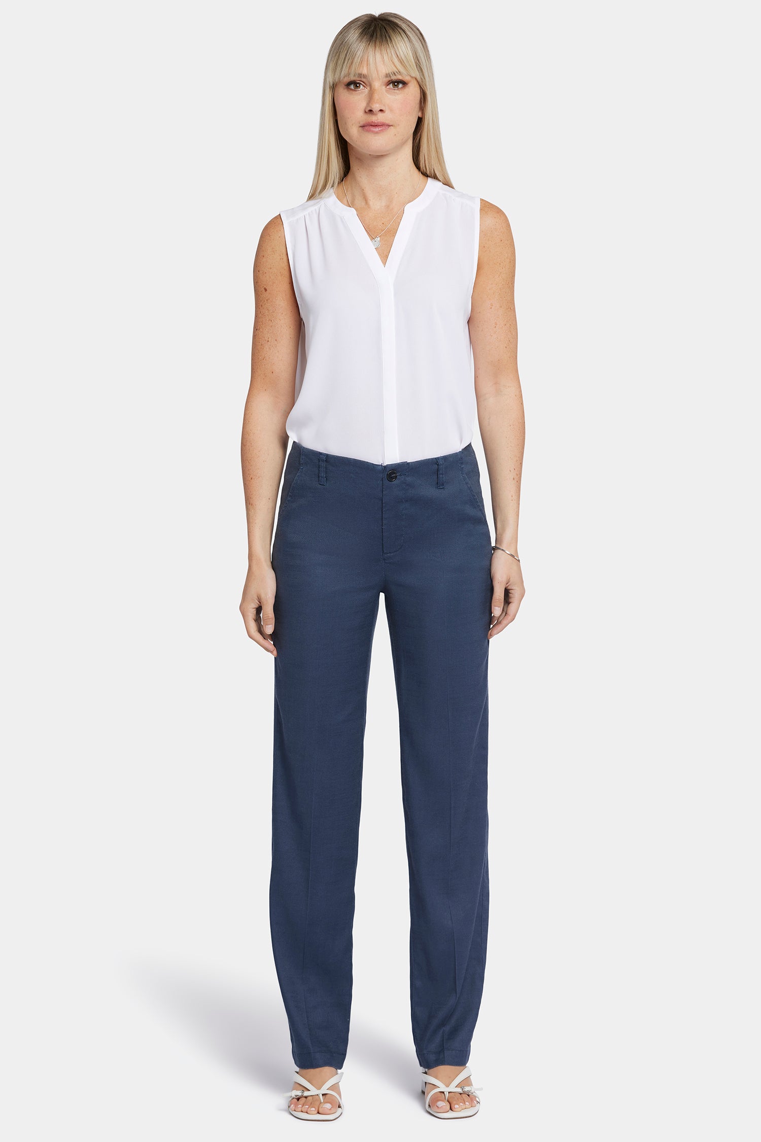 Marilyn Straight Pants In Petite In Stretch Linen - Oxford Navy