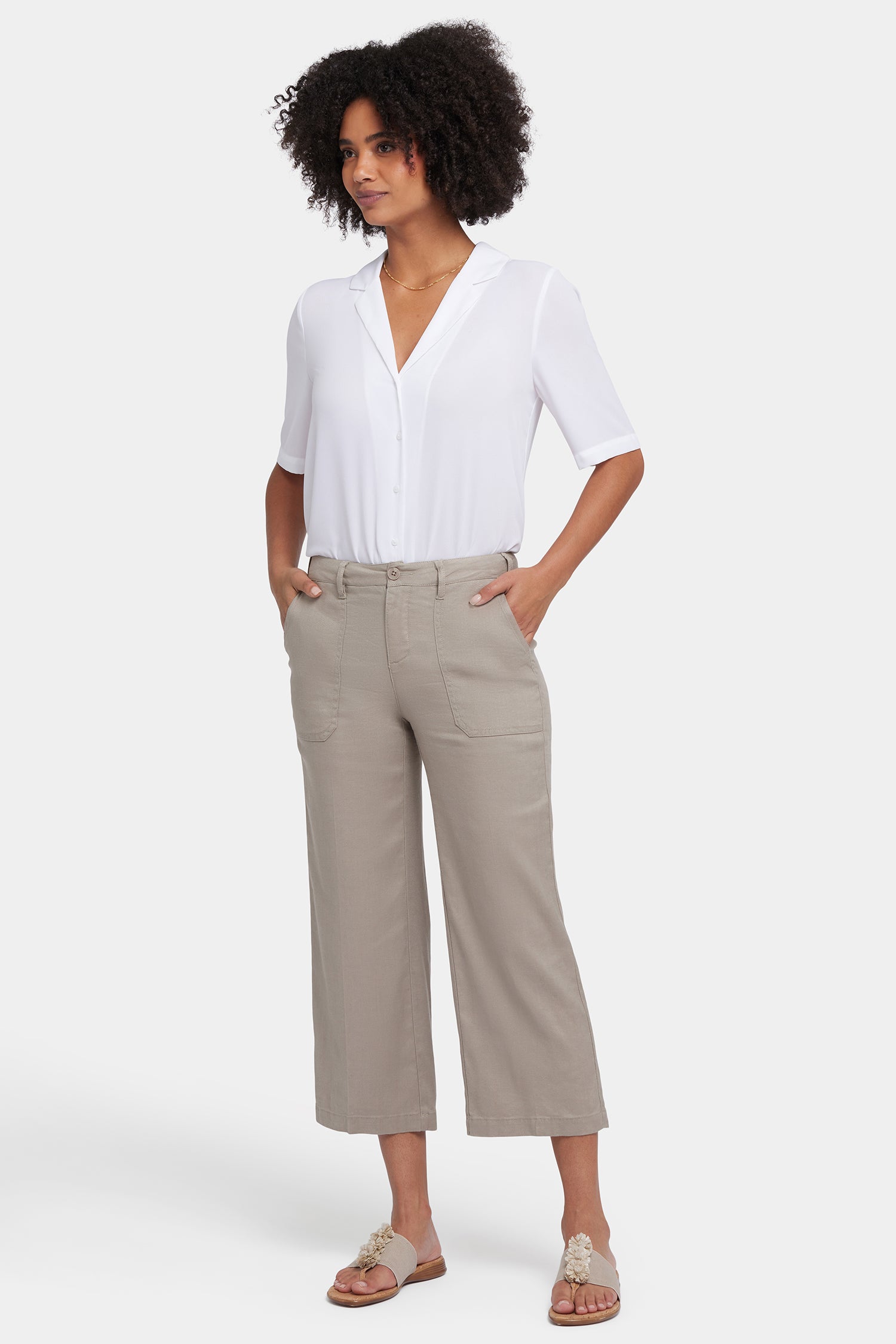NYDJ Wide Leg Cargo Capri Pants In Petite In Stretch Linen - Saddlewood