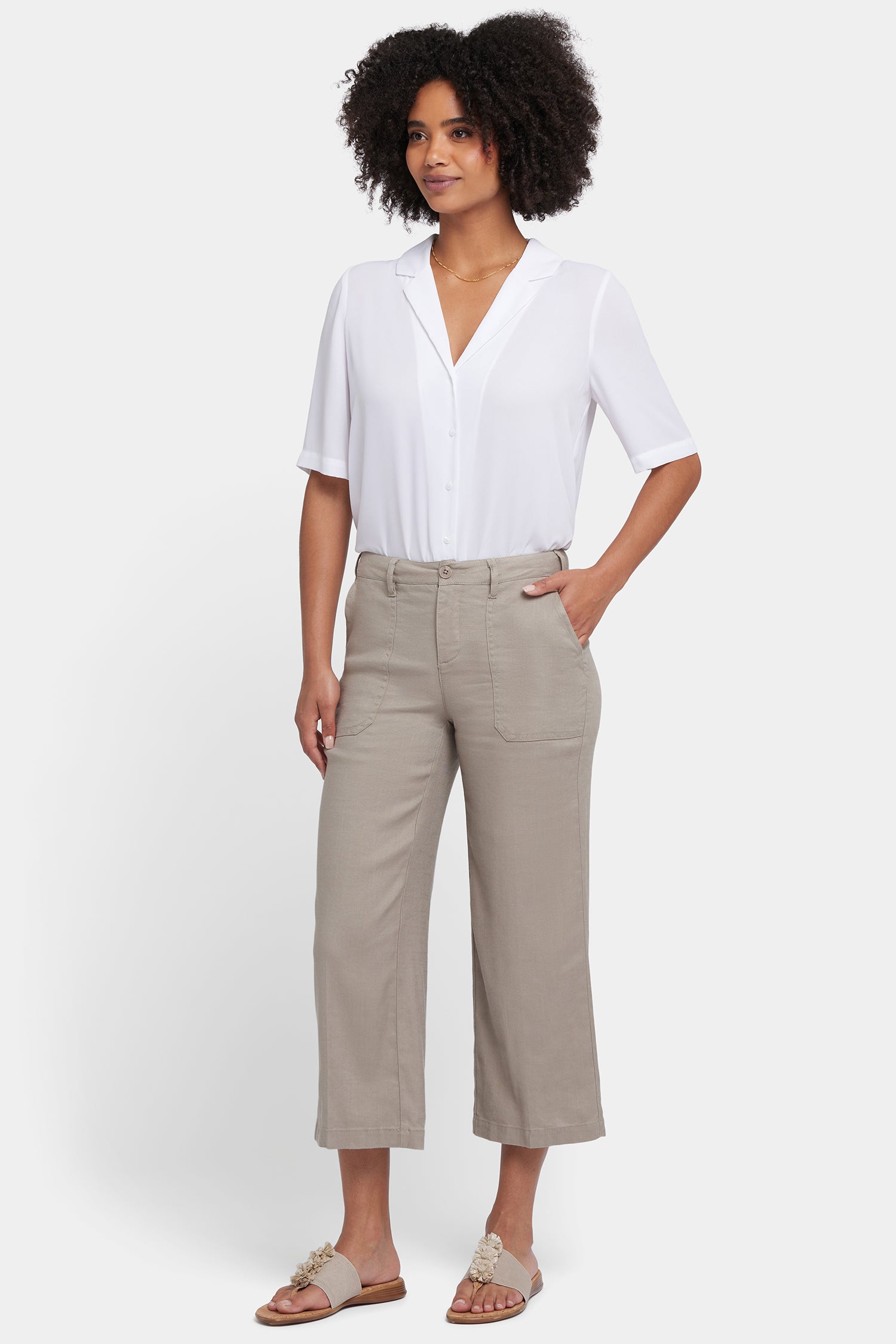 NYDJ Wide Leg Cargo Capri Pants In Petite In Stretch Linen - Saddlewood