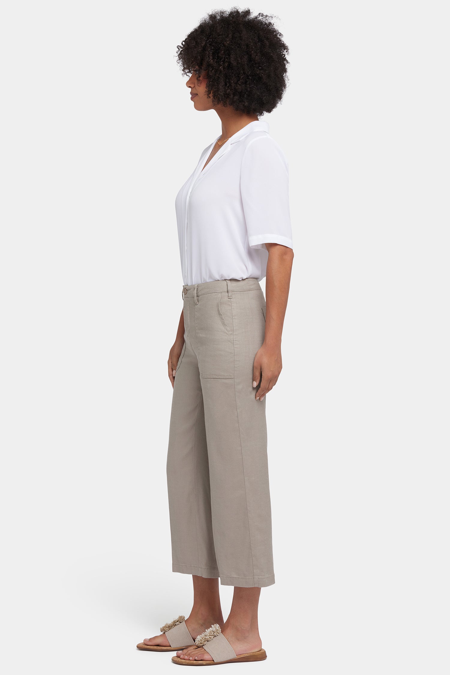 NYDJ Wide Leg Cargo Capri Pants In Petite In Stretch Linen - Saddlewood
