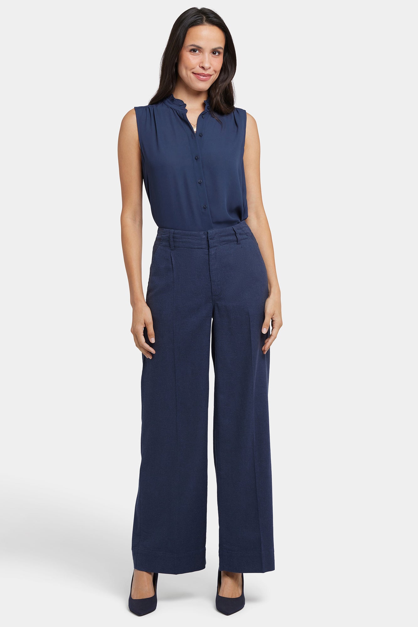 NYDJ Mona Wide Leg Trouser Pants In Petite In Stretch Linen With High Rise - Oxford Navy