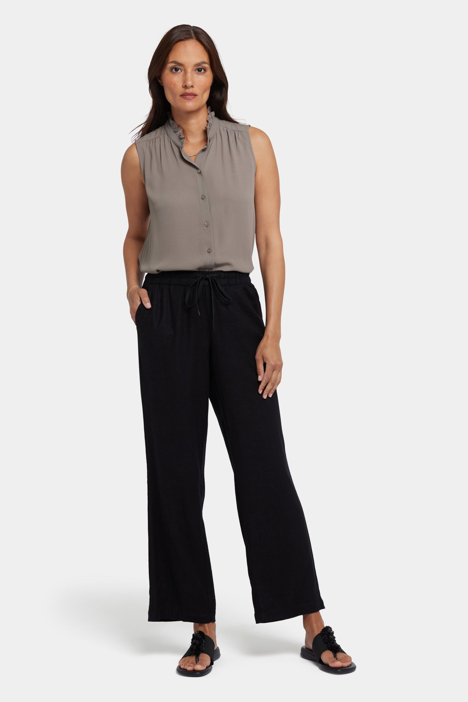NYDJ Relaxed Drawstring Pull-On Pants In Petite In Stretch Linen - Black