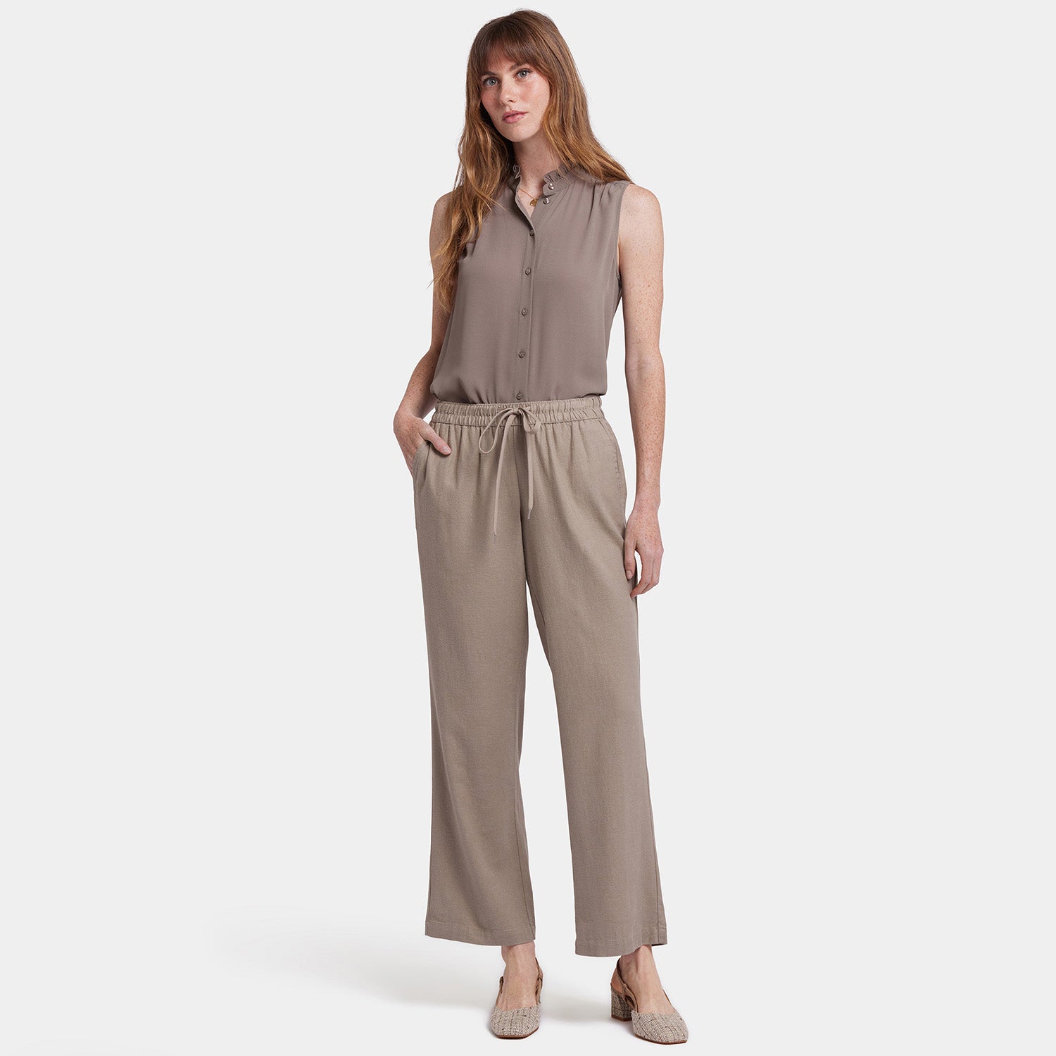 Relaxed Drawstring Pull-On Pants In Petite In Stretch Linen