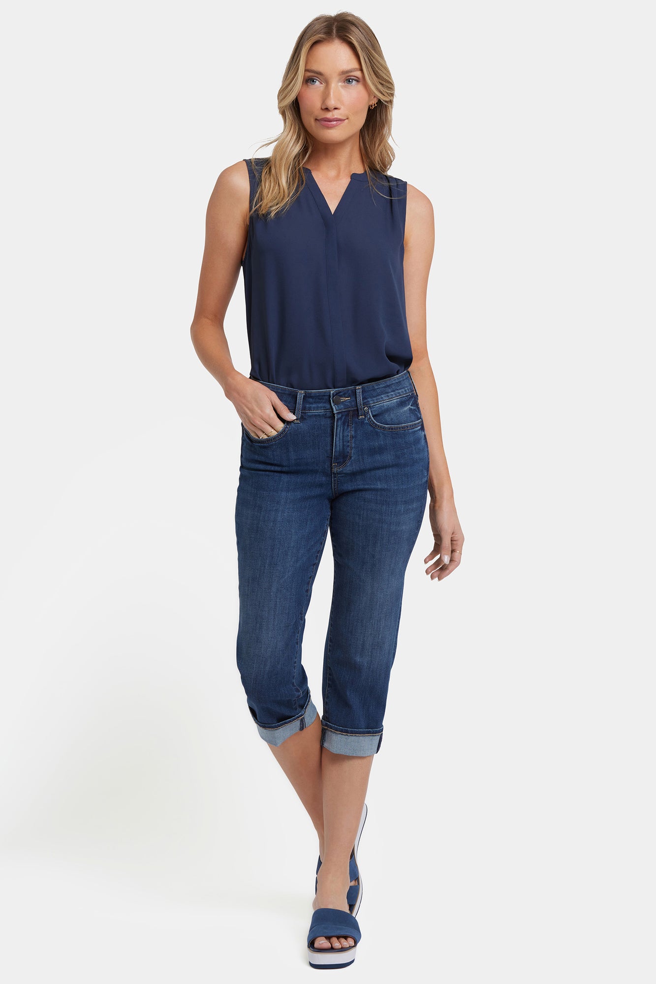 NYDJ Marilyn Straight Crop Jeans In Petite In Cool Embrace® Denim With Cuffs - Rio Rapids