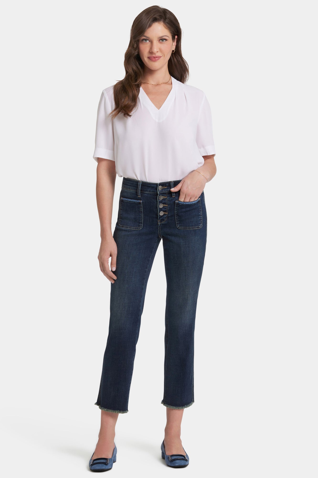 NYDJ Marilyn Straight Ankle Jeans In Petite With Patch Pockets And Geo Tape - Lotus Gardens