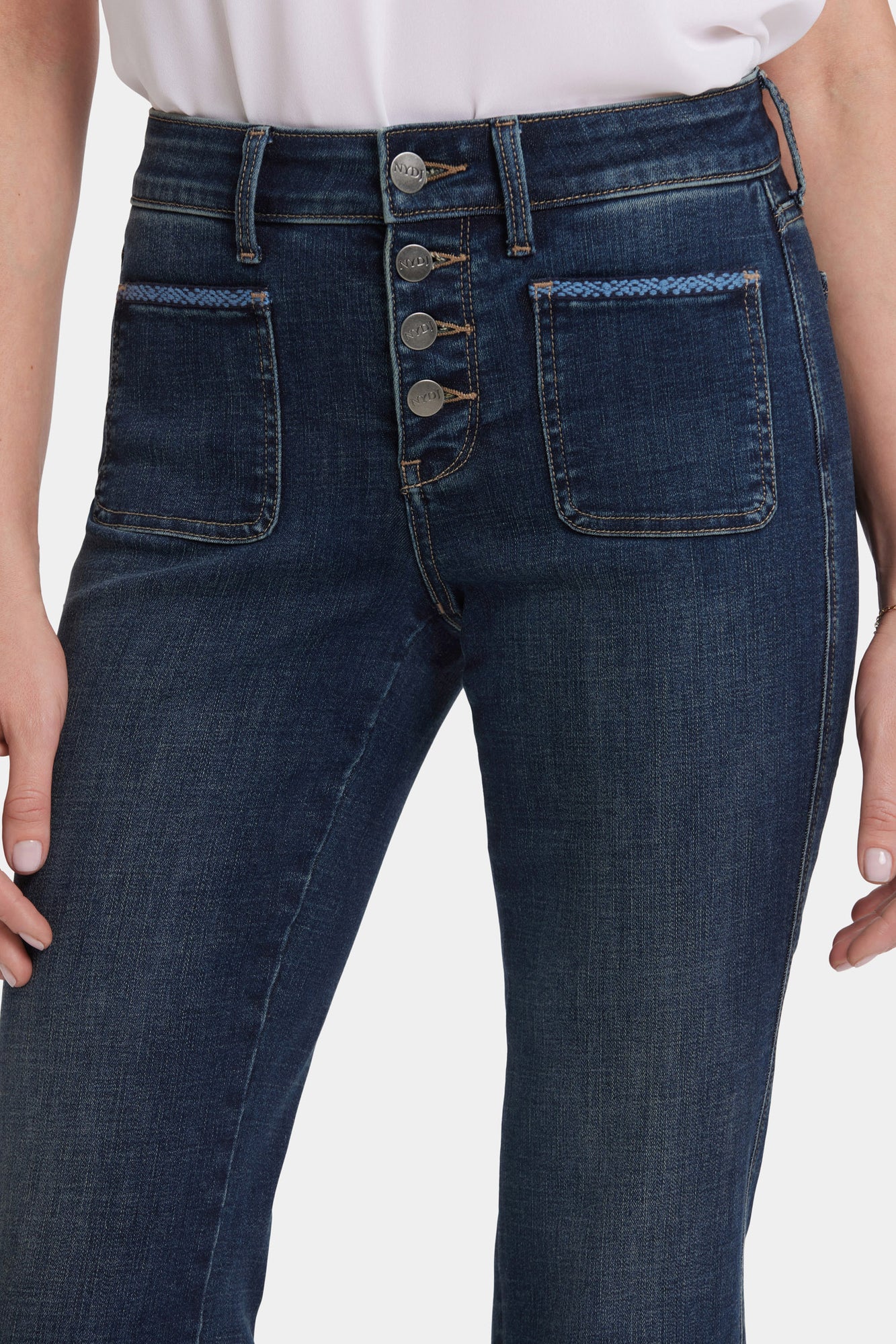 NYDJ Marilyn Straight Ankle Jeans In Petite With Patch Pockets And Geo Tape - Lotus Gardens