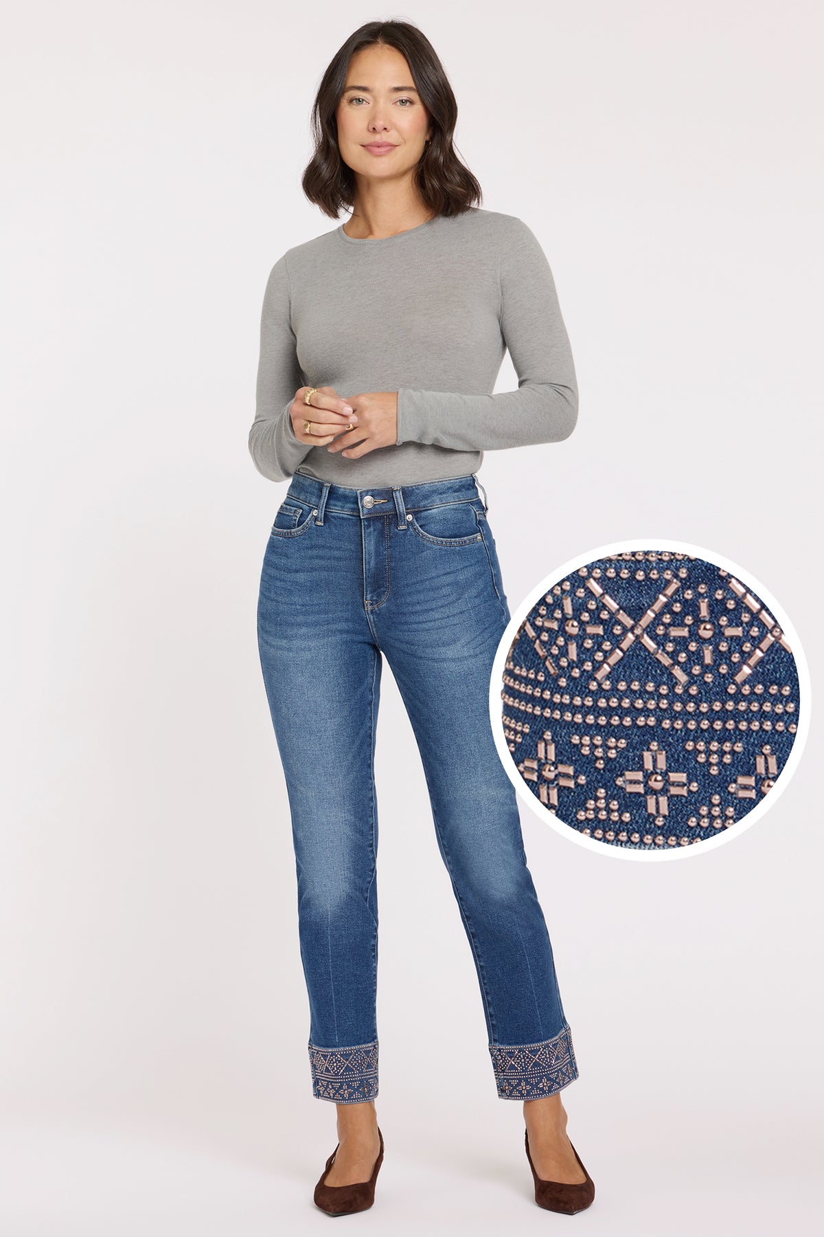 NYDJ Marilyn Straight Jeans In Petite With High Rise, Geo Studded Hems And 27" Inseam - Anthurium