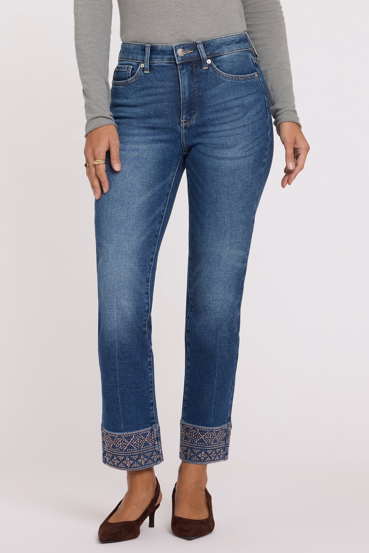 NYDJ Marilyn Straight Jeans In Petite With High Rise, Geo Studded Hems And 27" Inseam - Anthurium