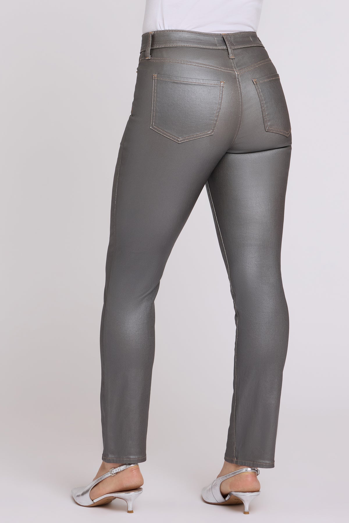 NYDJ Coated Sheri Slim Straight Jeans In Petite With High Rise - Coated Pewter