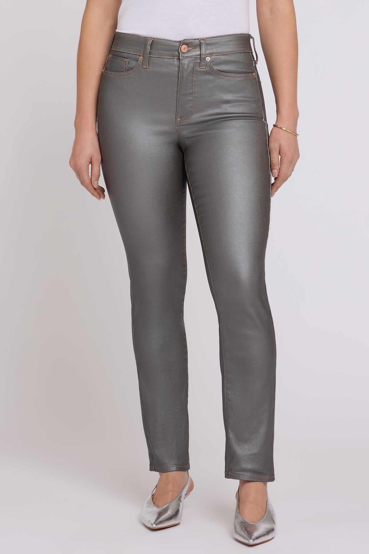 NYDJ Coated Sheri Slim Straight Jeans In Petite With High Rise - Coated Pewter