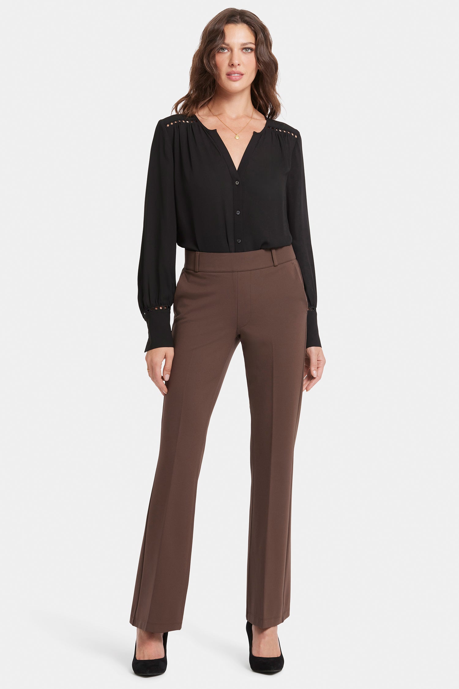 NYDJ Pull-On Flared Trouser Pants In Petite Sculpt-Her™ Collection - Coffee Bean