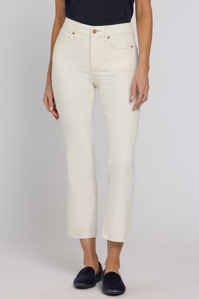 NYDJ Billie Mini Bootcut Ankle Jeans In Petite In Cool Embrace® Denim With High Rise And Frayed Hems - Vintage White
