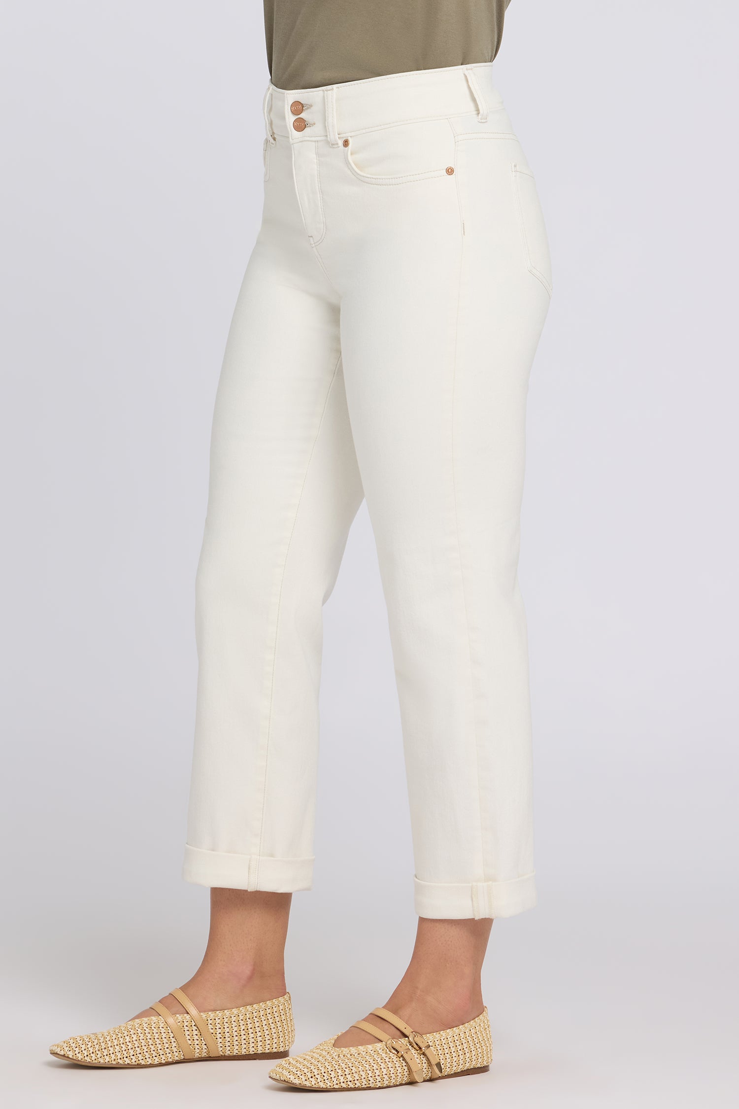 NYDJ Bailey Relaxed Straight Crop Jeans In Petite In Cool Embrace® Denim With High Rise And Roll Cuffs - Vintage White