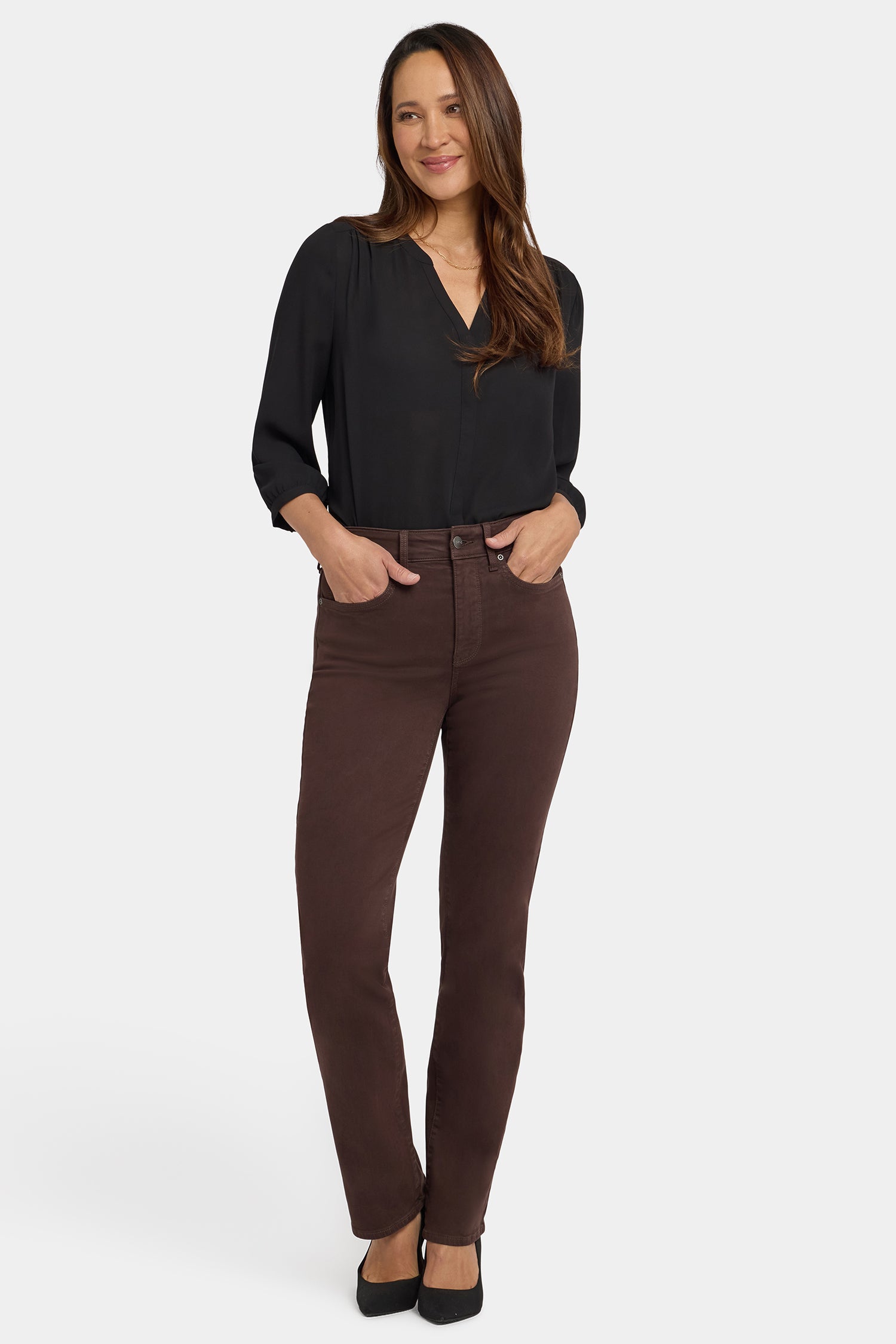 NYDJ Marilyn Straight Jeans In Petite With High Rise And 28" Inseam - Bitter Chocolate