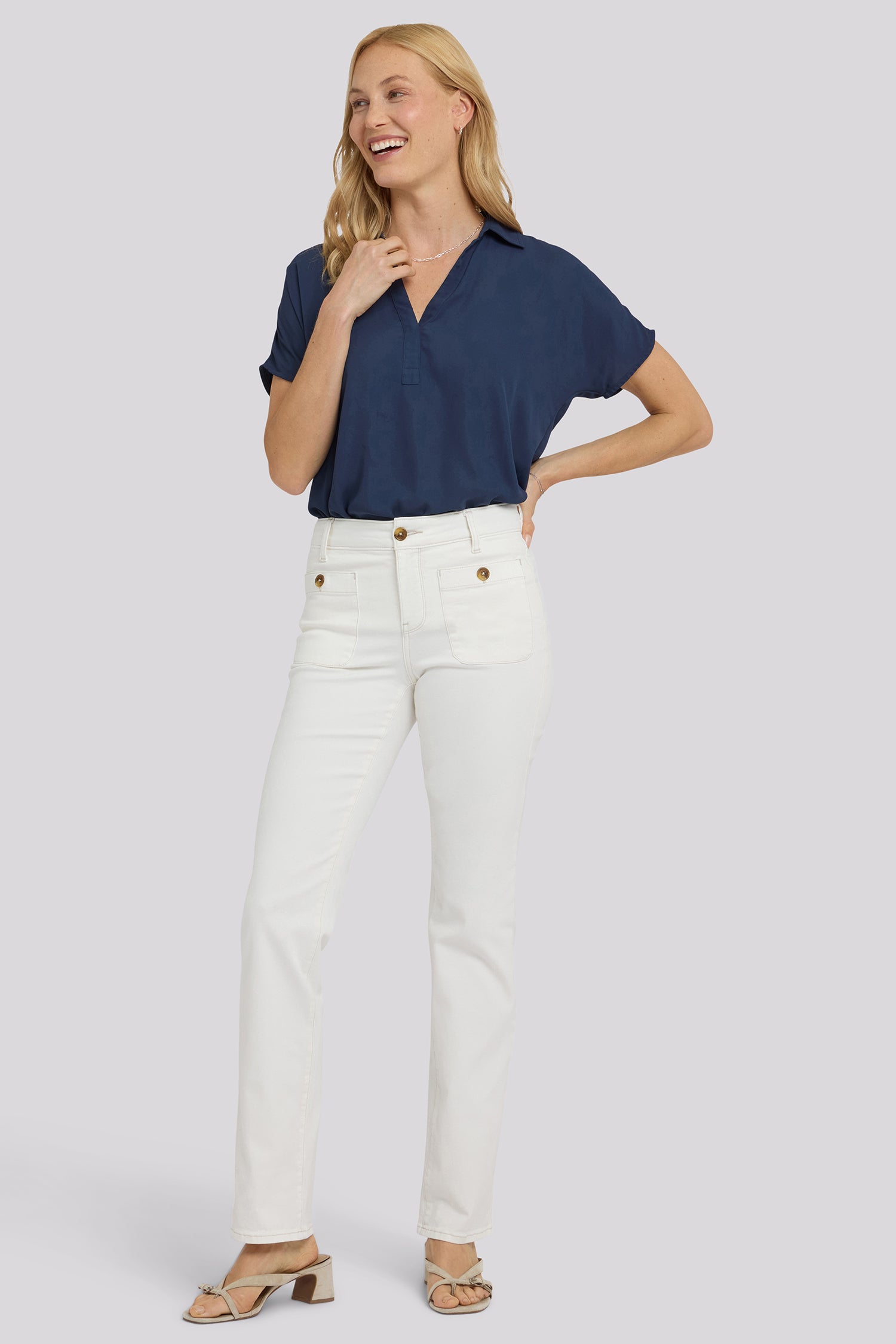 NYDJ Marilyn Straight Jeans In Petite With Front Button Patch Pockets - Vintage White