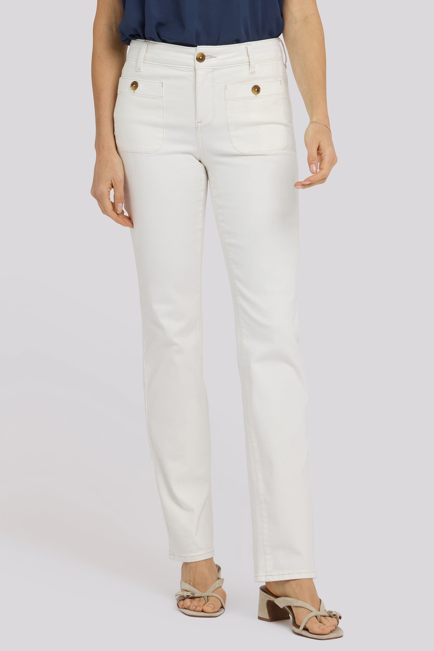 NYDJ Marilyn Straight Jeans In Petite With Front Button Patch Pockets - Vintage White
