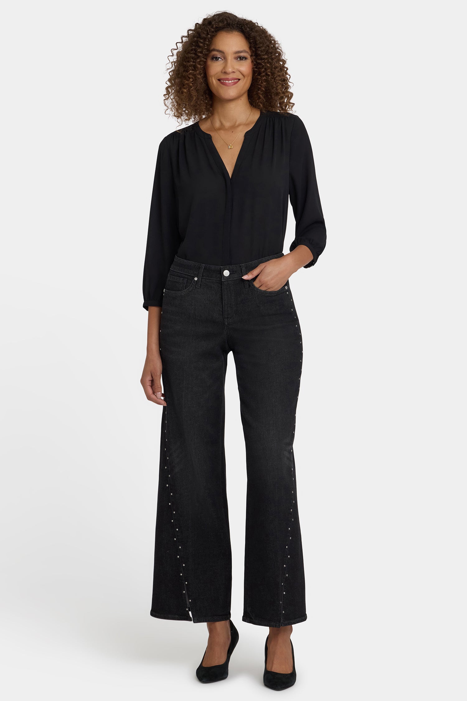 NYDJ Teresa Wide Leg Jeans In Petite With Rhinestones, Front Slits And 29