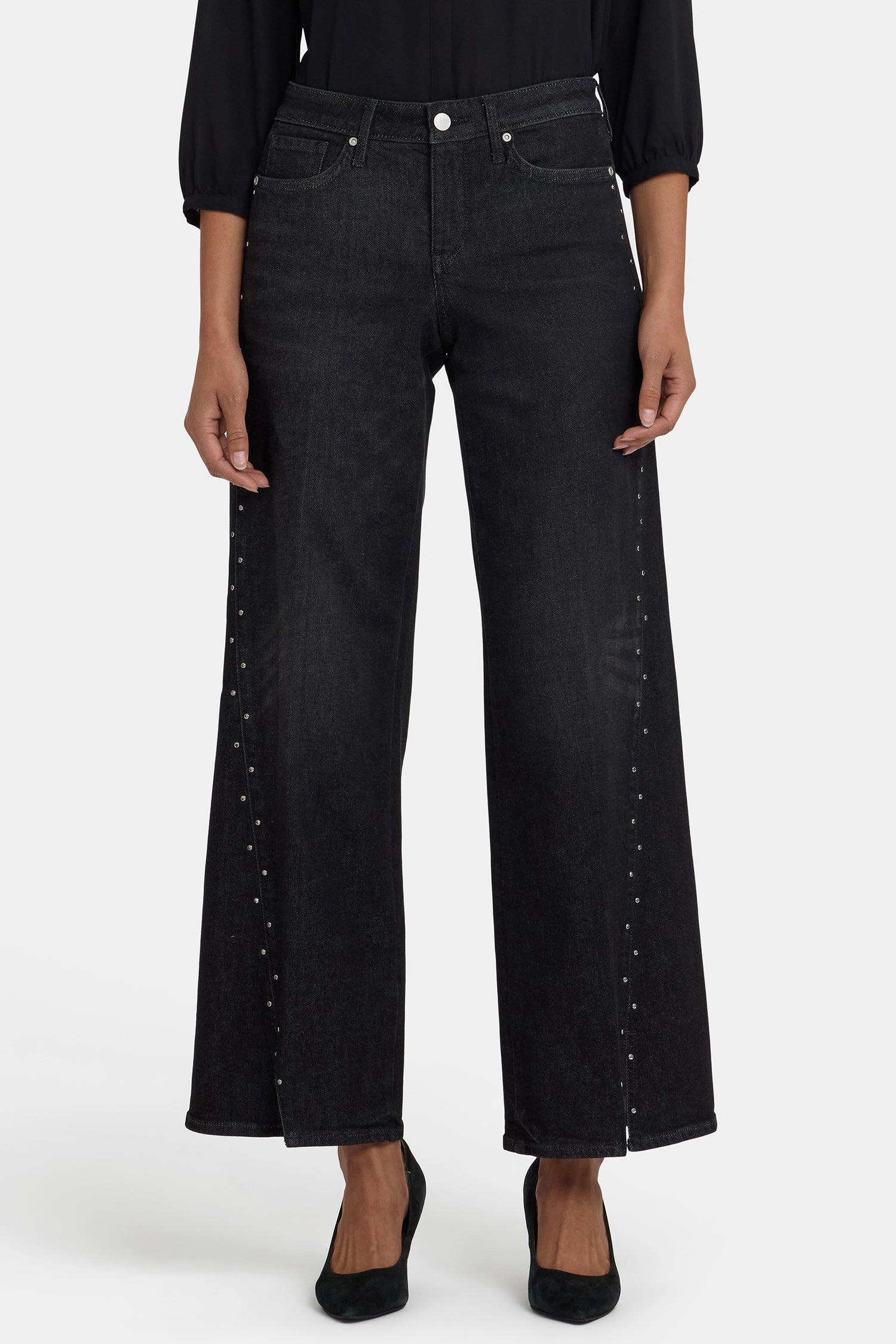 NYDJ Teresa Wide Leg Jeans In Petite With Rhinestones, Front Slits And 29