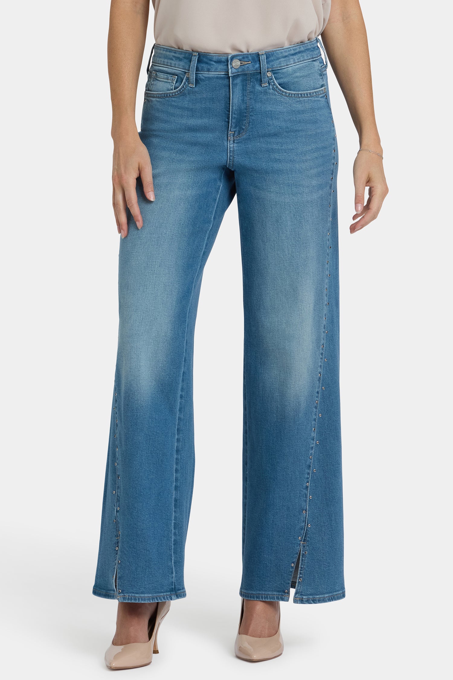 NYDJ Teresa Wide Leg Jeans In Petite With Rhinestones, Front Slits And 29