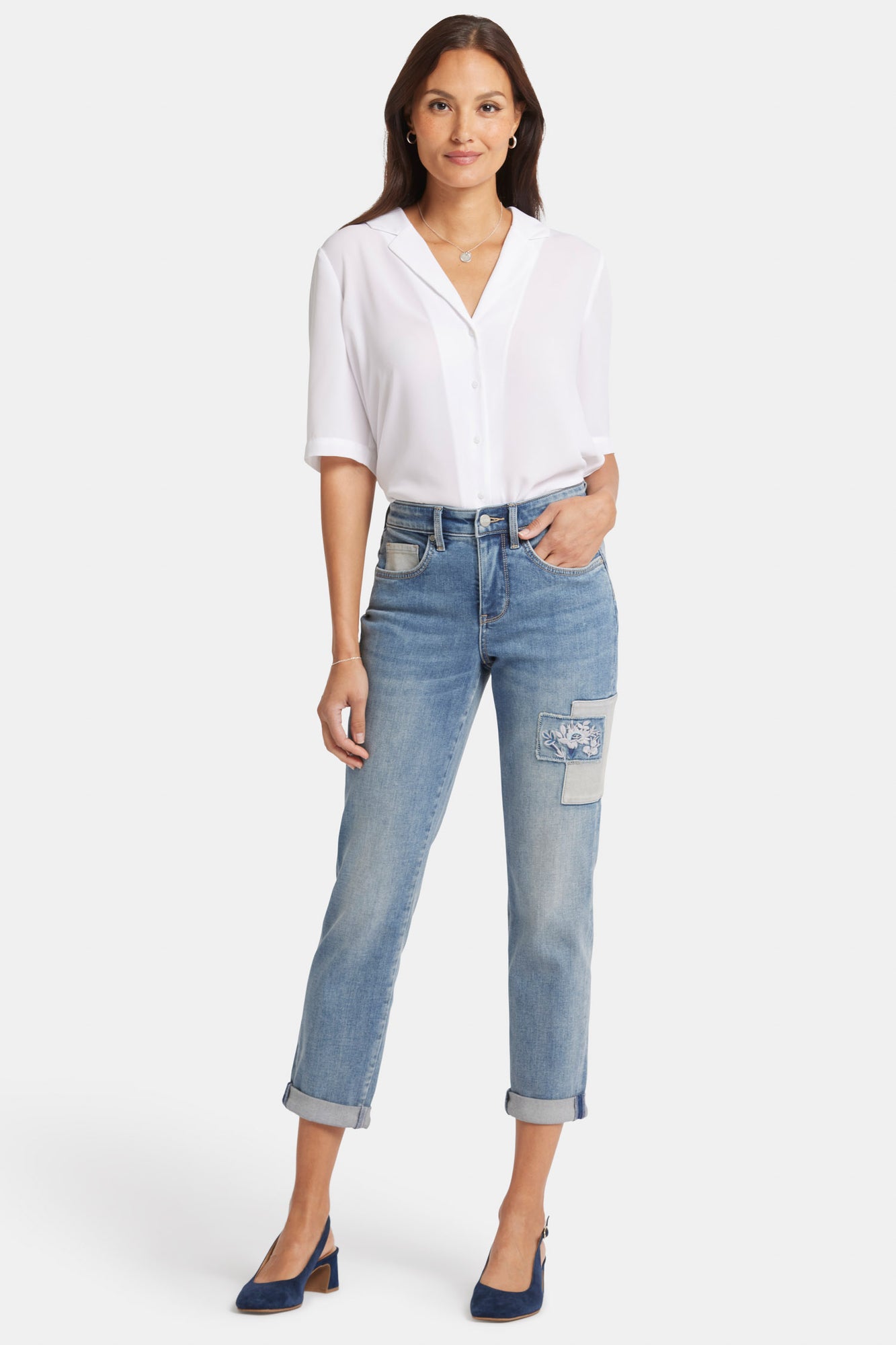 NYDJ Margot Girlfriend Jeans In Petite With Roll Cuffs And Embroidered Patch - Indigo Stream