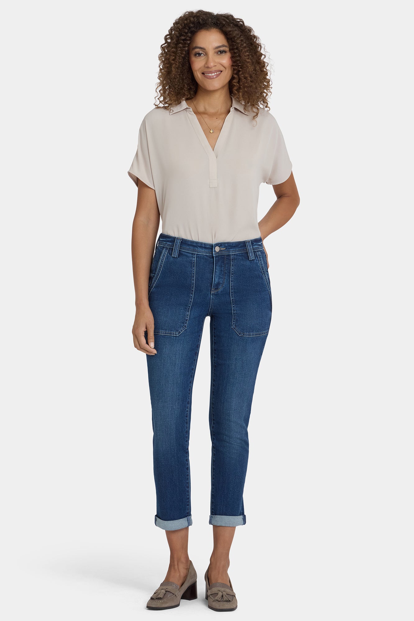 NYDJ Margot Girlfriend Jeans In Petite With Utility Pockets And Roll Cuffs - Vintage Lapis