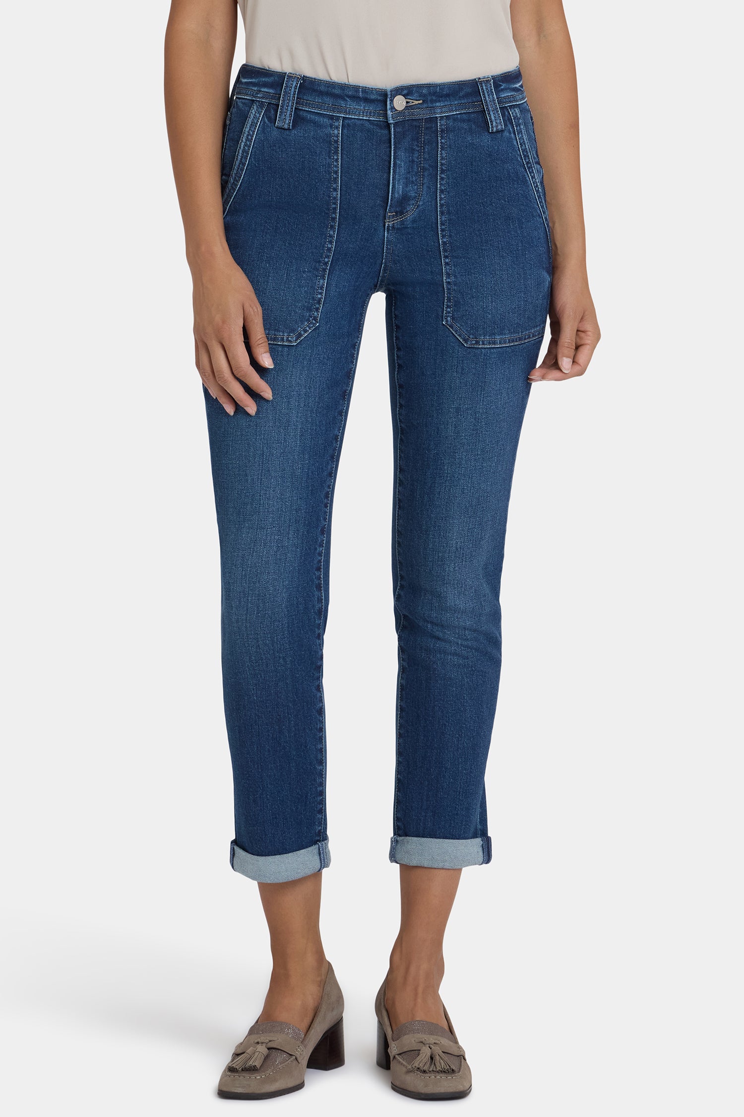 NYDJ Margot Girlfriend Jeans In Petite With Utility Pockets And Roll Cuffs - Vintage Lapis