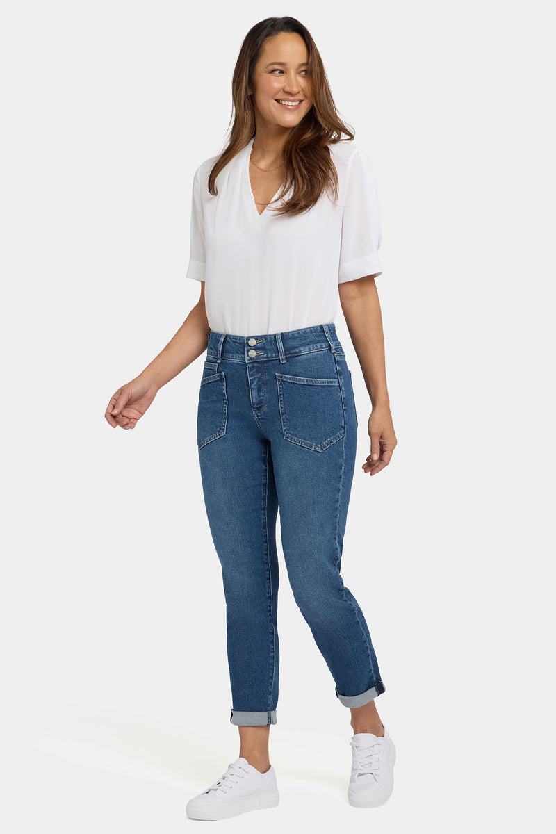 NYDJ Margot Girlfriend Jeans In Petite With Double-Button Waistband, Utility Pockets And Roll Cuffs - Lake Notre-Dame