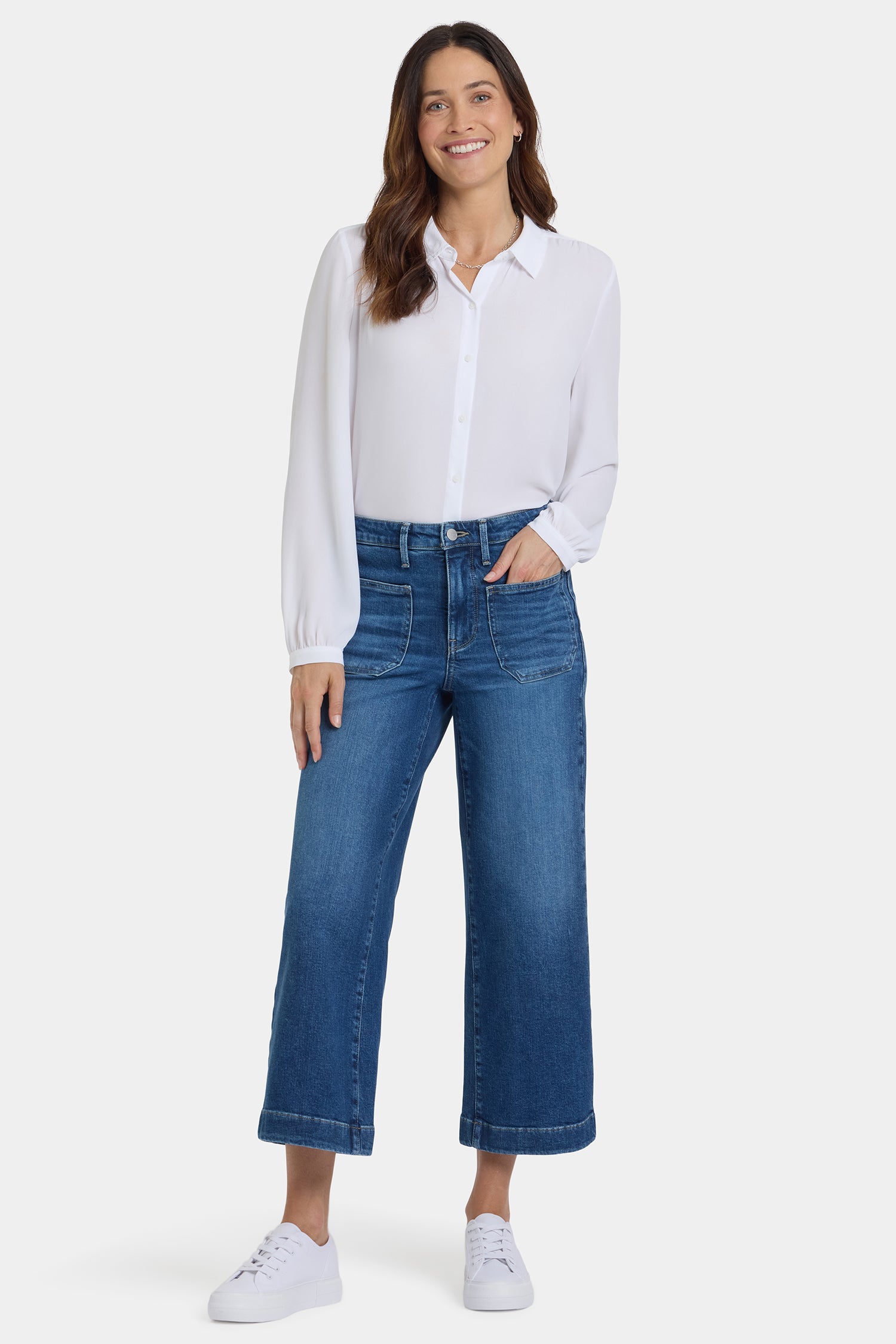 NYDJ Teresa Wide Leg Ankle Jeans In Petite With High Rise And Front Patch Pockets - Opera Blue