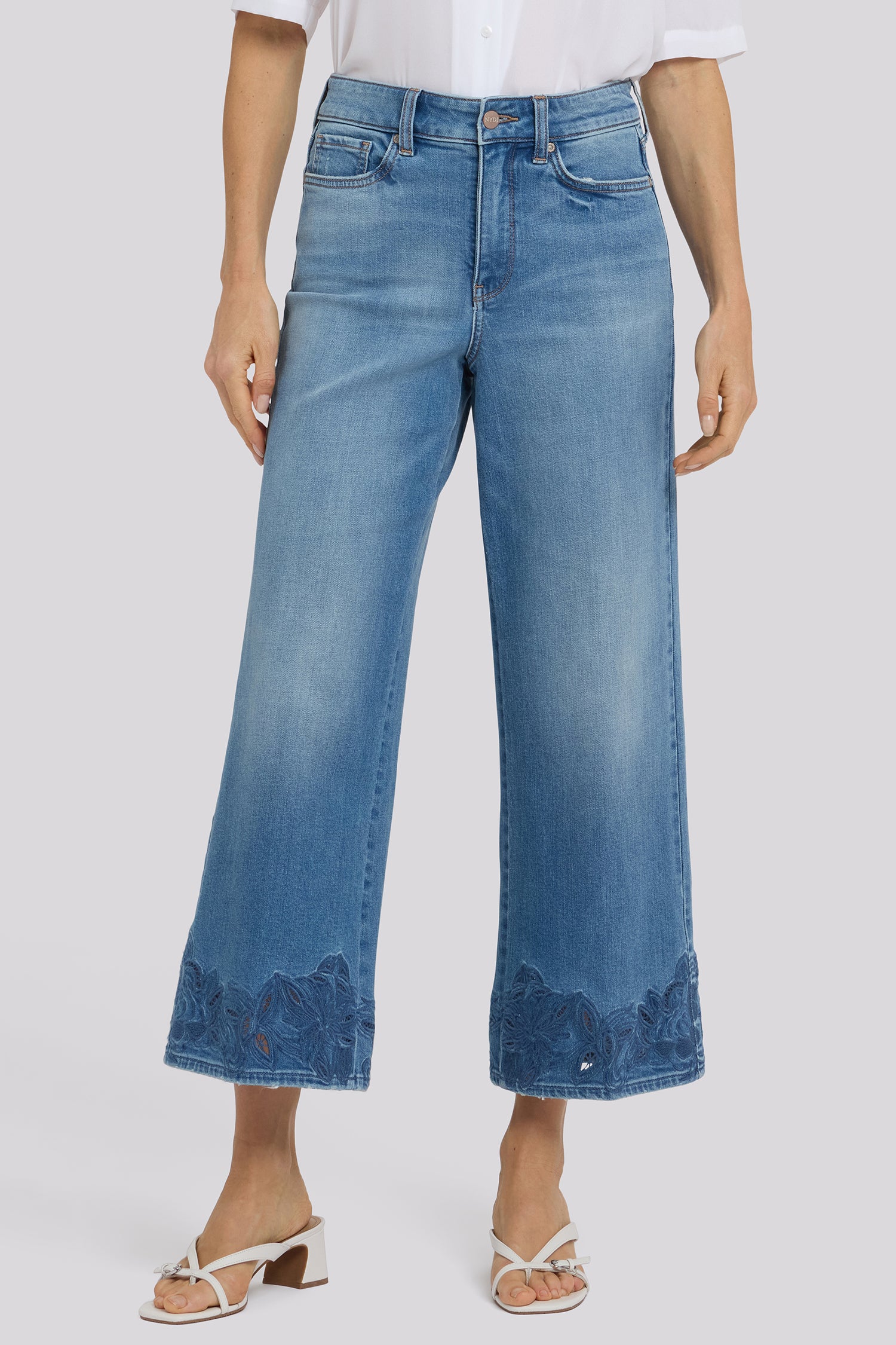 NYDJ Teresa Wide Leg Ankle Jeans In Petite With High Rise And Crochet Hems - Port Sea