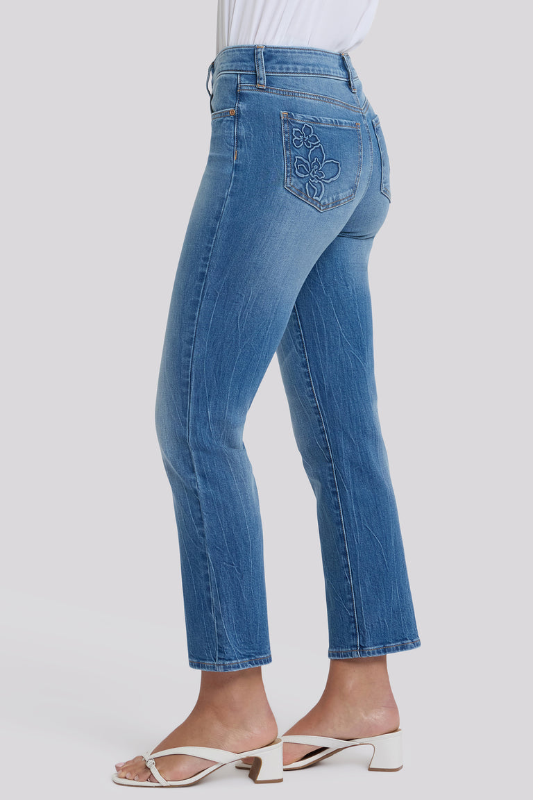 NYDJ Marilyn Straight Ankle Jeans In Petite With Floral Pocket Detail - Pacifica