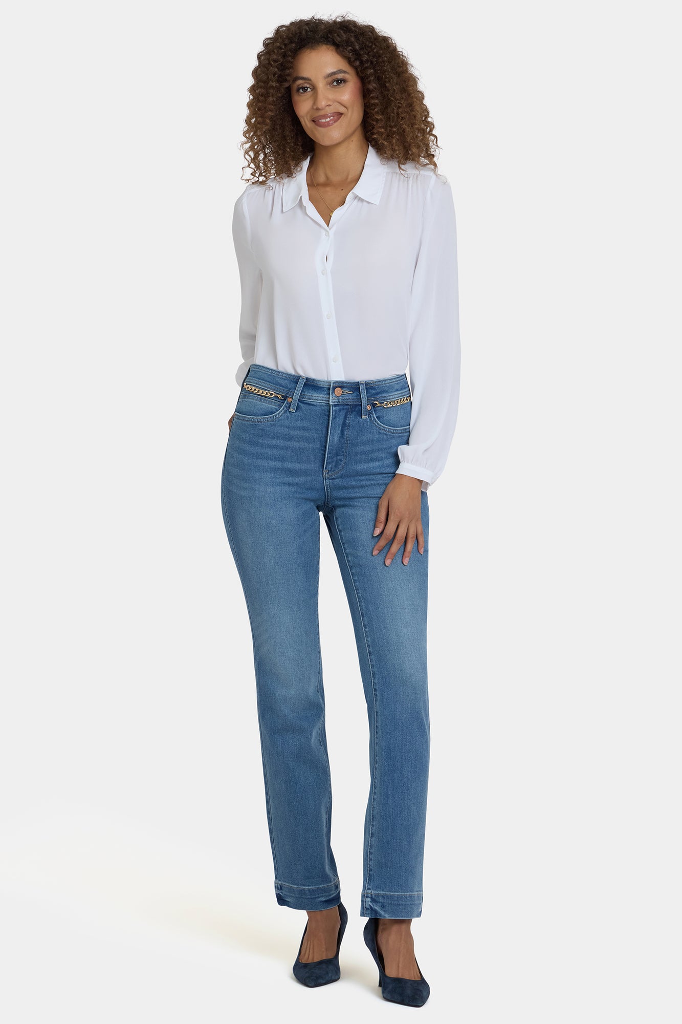 NYDJ Marilyn Straight Jeans In Petite With High Rise, Gold Chains And 29