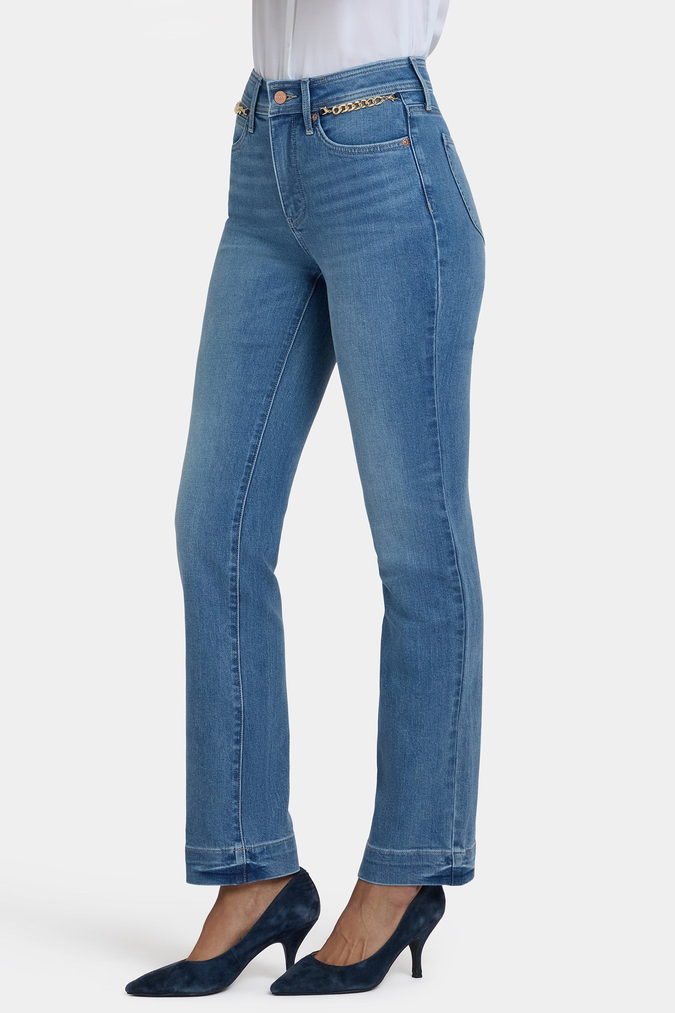 NYDJ Marilyn Straight Jeans In Petite With High Rise, Gold Chains And 29