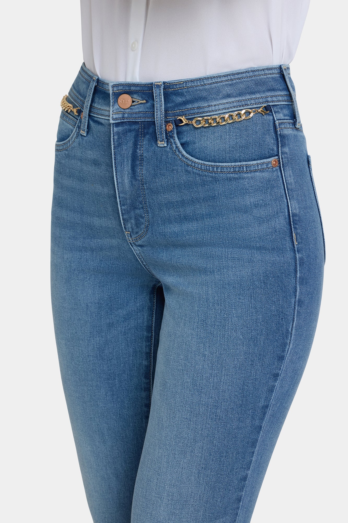 NYDJ Marilyn Straight Jeans In Petite With High Rise, Gold Chains And 29