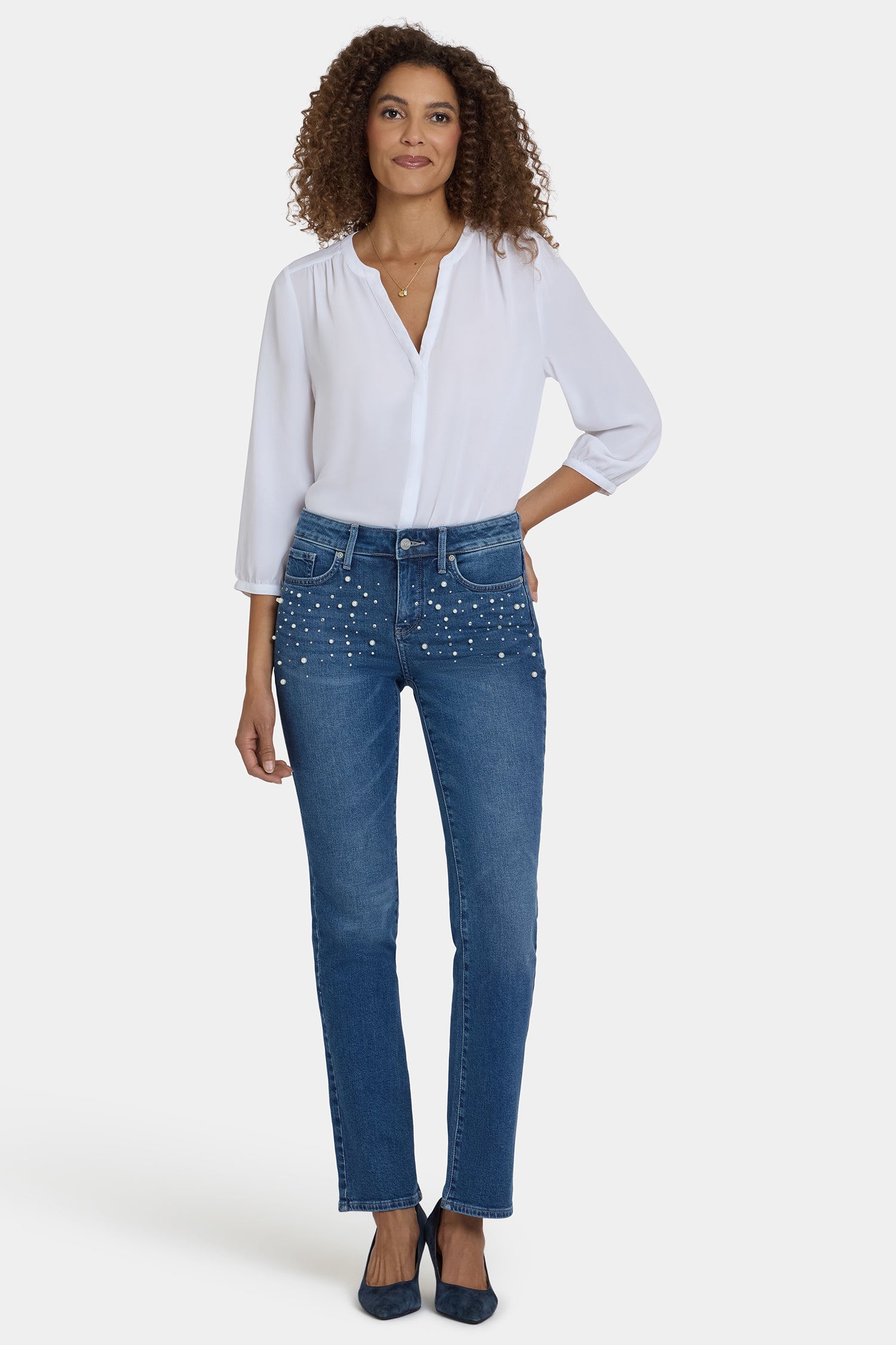 NYDJ Marilyn Straight Jeans In Petite With Faux Pearls And Rhinestones - Lake Notre-Dame