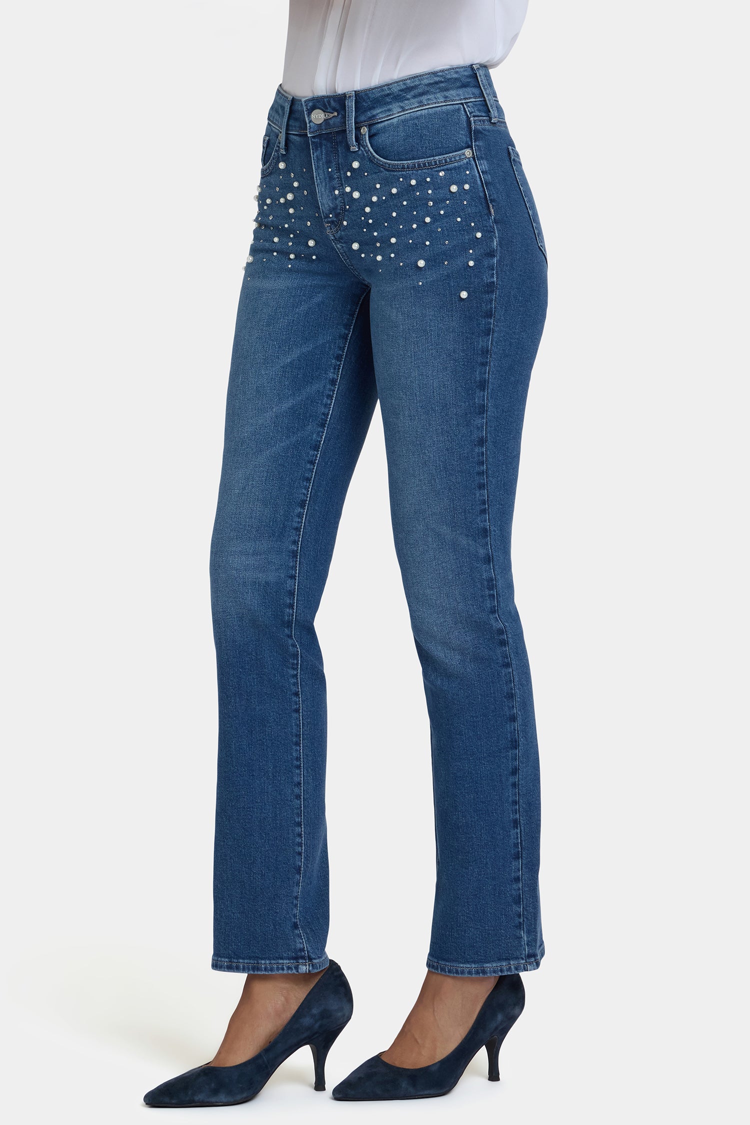 NYDJ Marilyn Straight Jeans In Petite With Faux Pearls And Rhinestones - Lake Notre-Dame