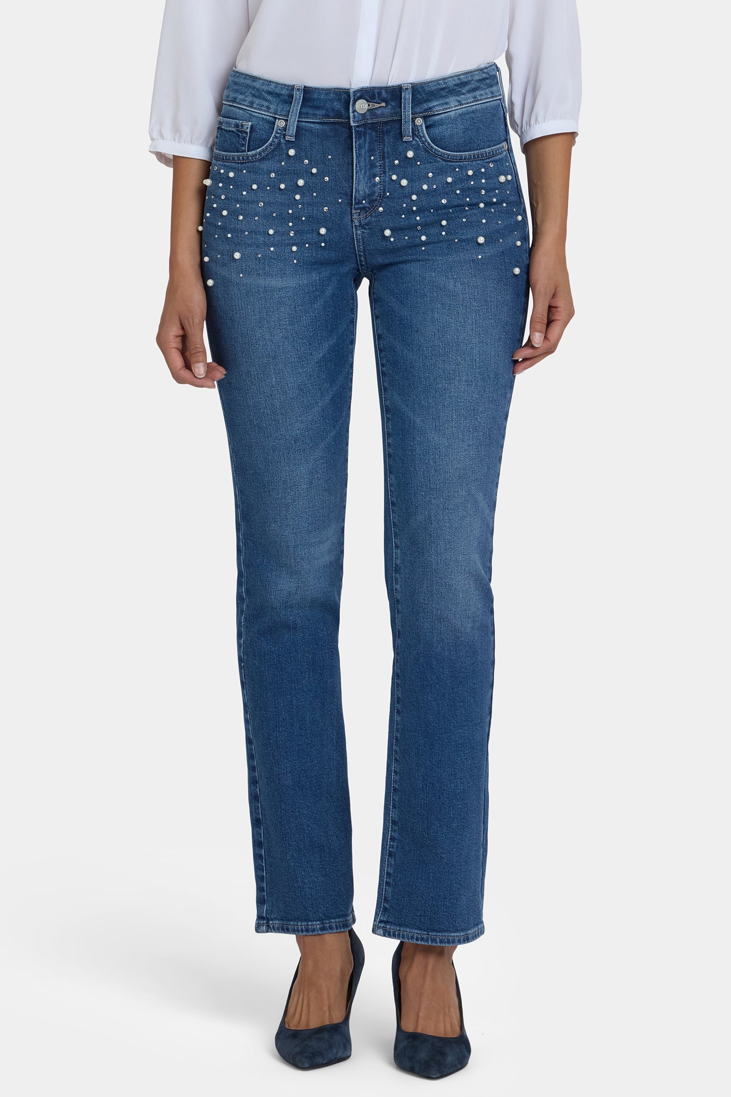 NYDJ Marilyn Straight Jeans In Petite With Faux Pearls And Rhinestones - Lake Notre-Dame