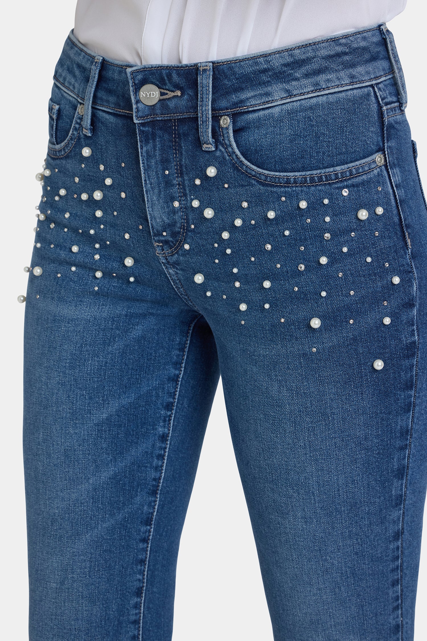 NYDJ Marilyn Straight Jeans In Petite With Faux Pearls And Rhinestones - Lake Notre-Dame