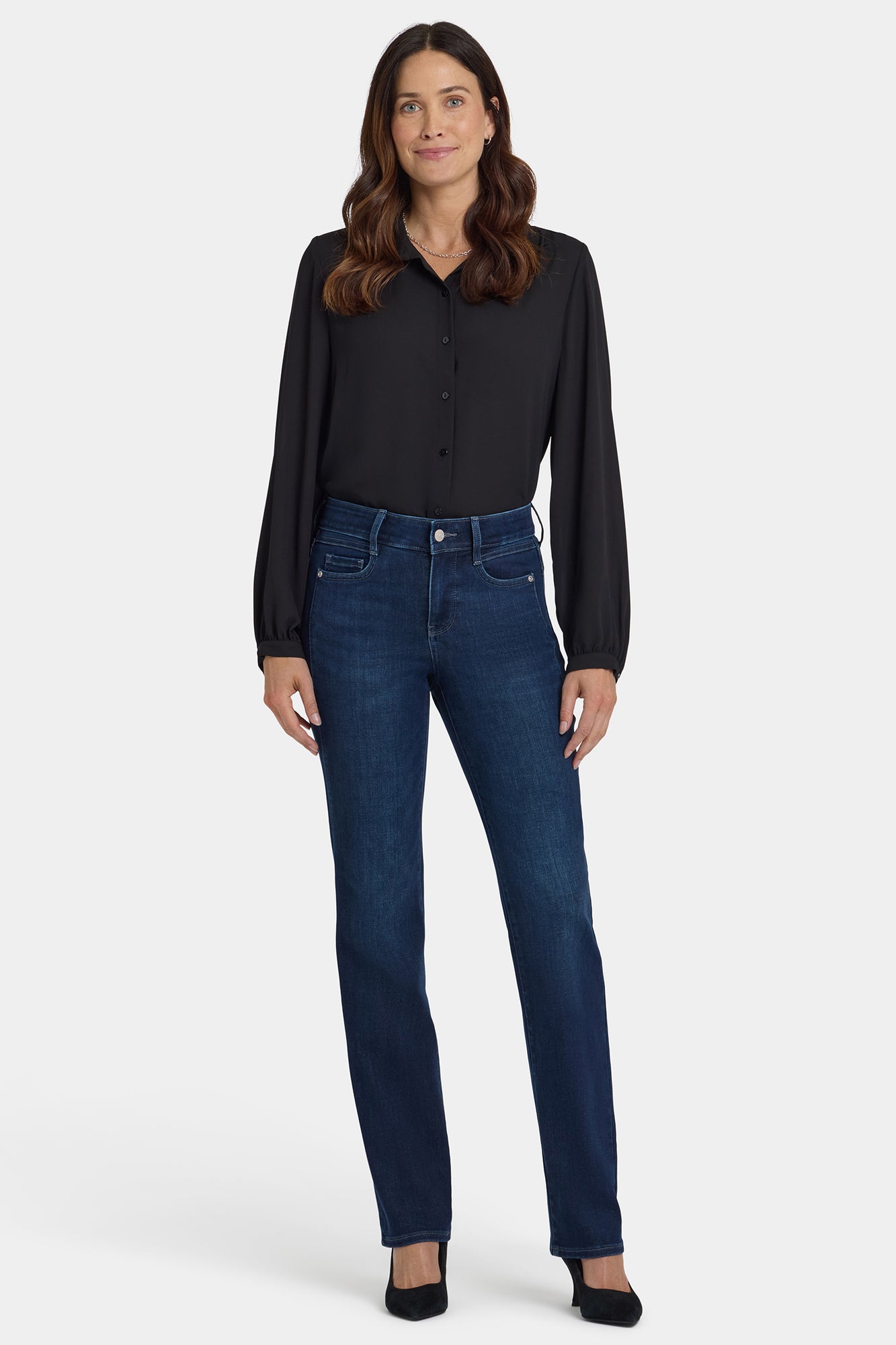 NYDJ Marilyn Straight Jeans In Petite With Paneled Seam Detail - Blackened Blue