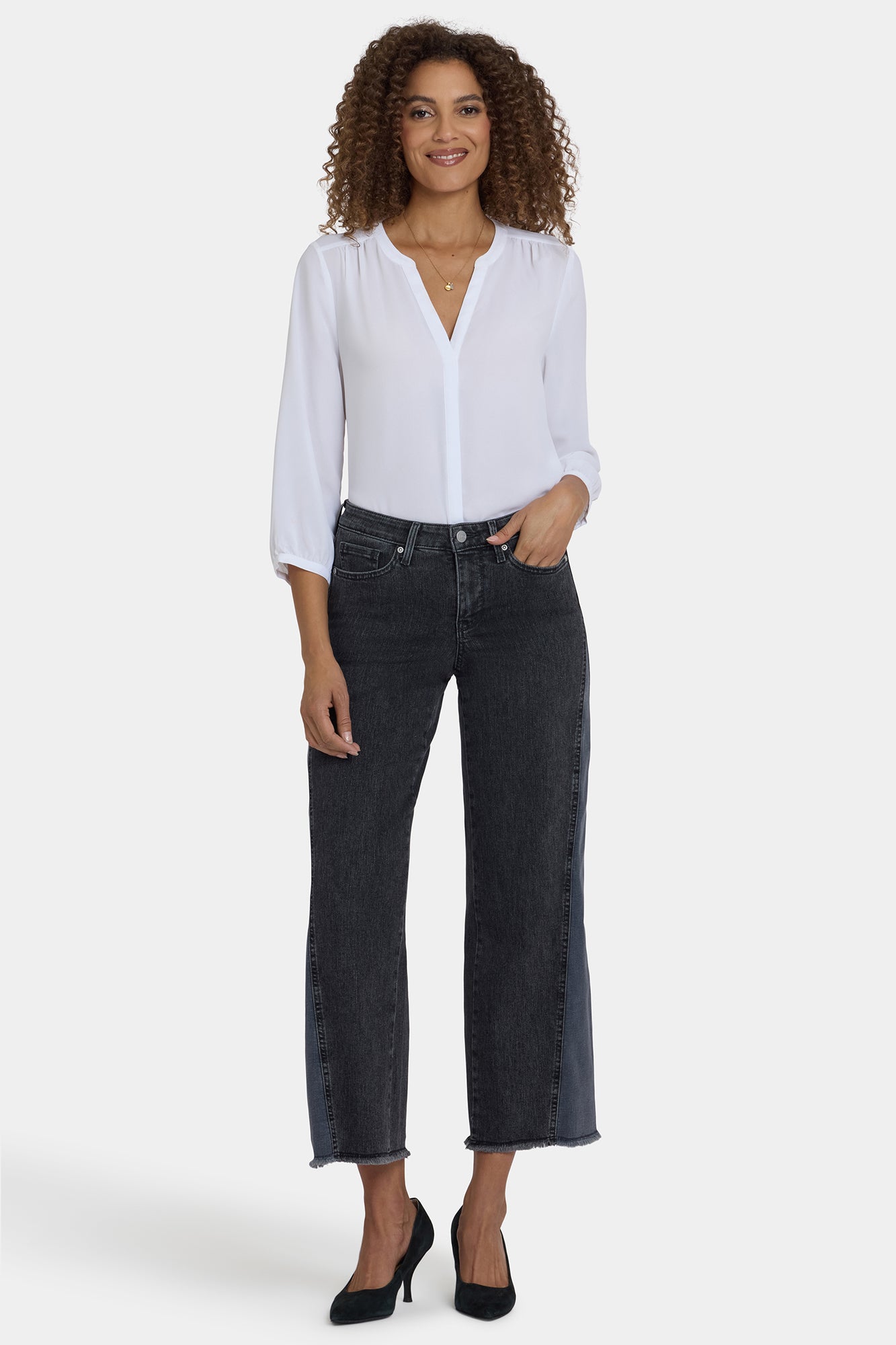 NYDJ Teresa Wide Leg Jeans In Petite With Contrast Side Panels, Frayed Hems And 27