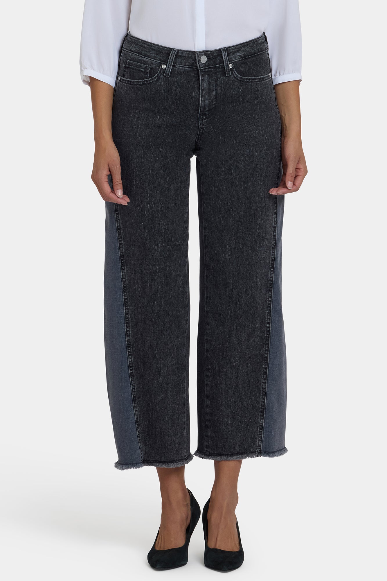 NYDJ Teresa Wide Leg Jeans In Petite With Contrast Side Panels, Frayed Hems And 27
