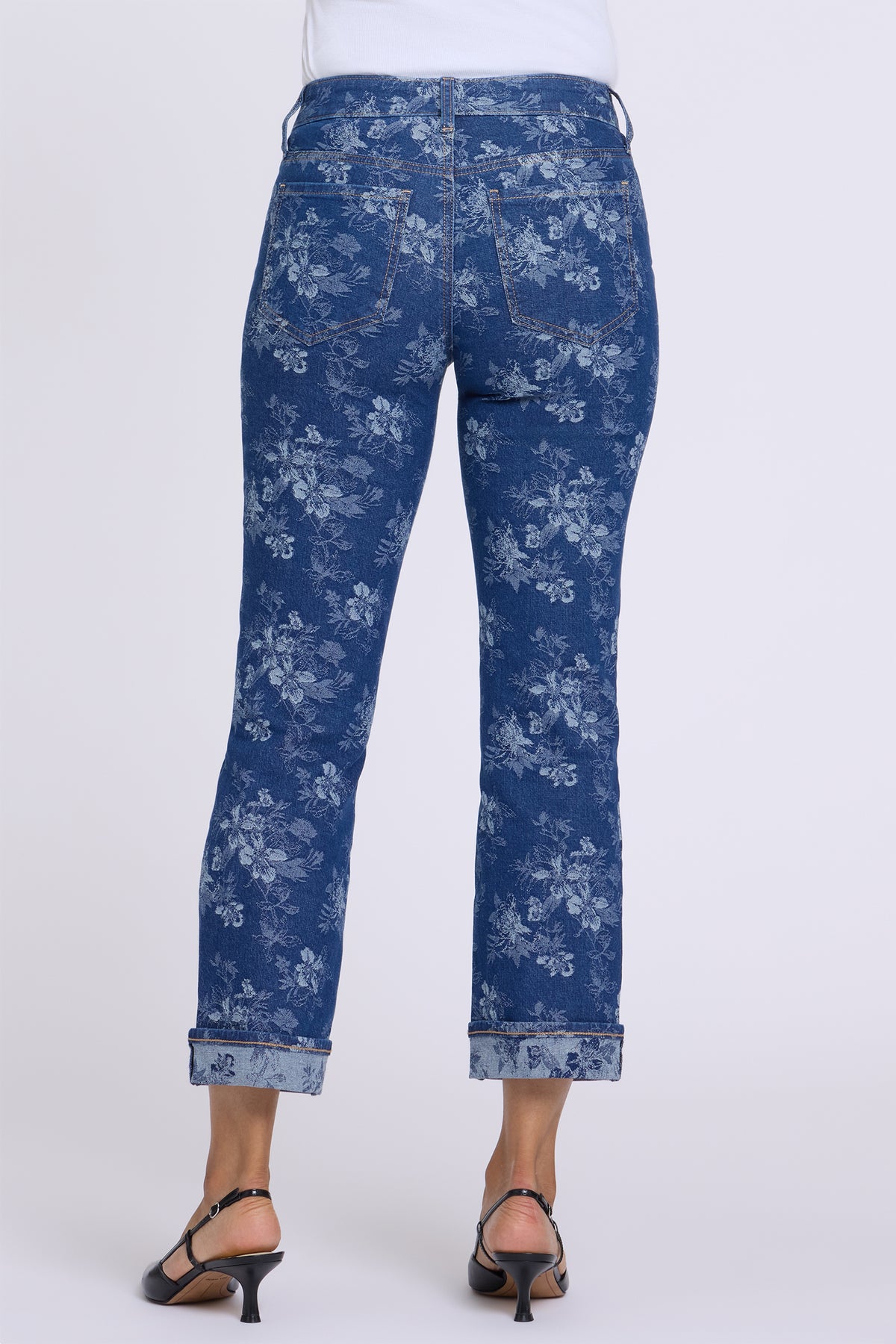 NYDJ Marilyn Straight Ankle Jeans In Petite With Cuffs - Floral Jacquard Indigo