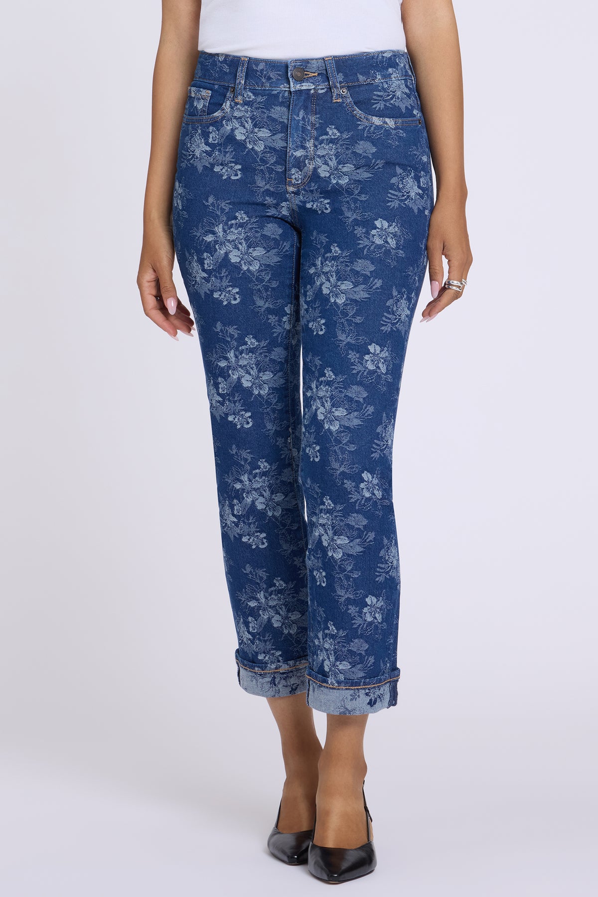 NYDJ Marilyn Straight Ankle Jeans In Petite With Cuffs - Floral Jacquard Indigo