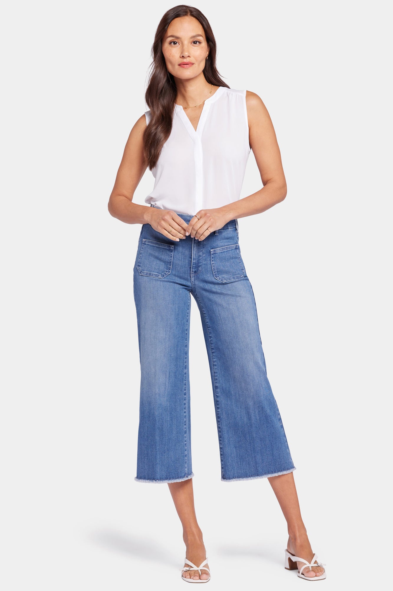 NYDJ Patchie Wide Leg Capri Jeans In Petite With Frayed Hems - Compass