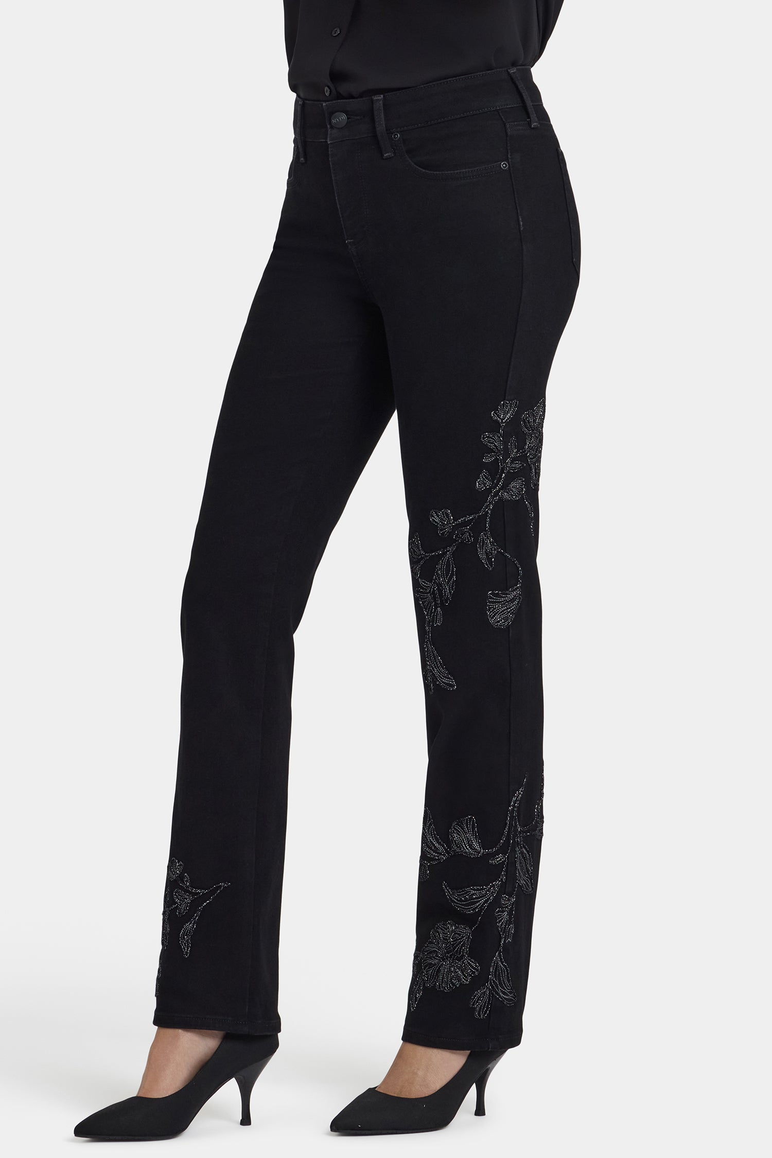 NYDJ Marilyn Straight Jeans In Petite With Embroidery - Black Rinse
