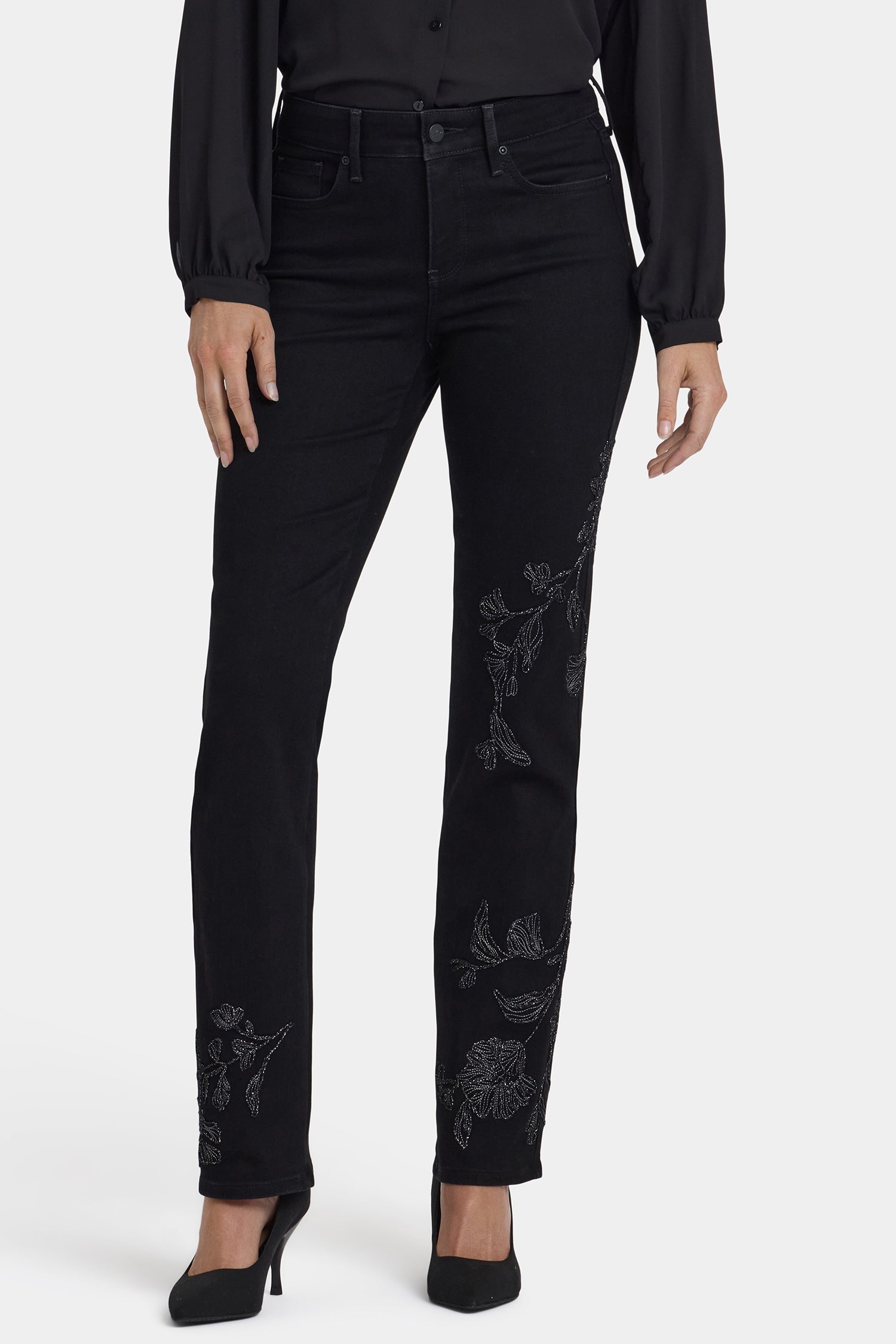 NYDJ Marilyn Straight Jeans In Petite With Embroidery - Black Rinse